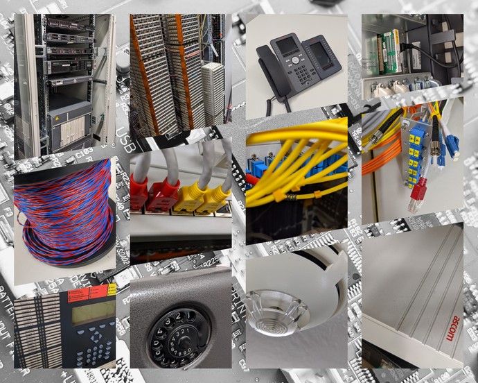 Collage, Serverrrack, Telefon alt und neu, Netzwerkkabel und Stecker, Feuermelder
Bild: LWL-BLB